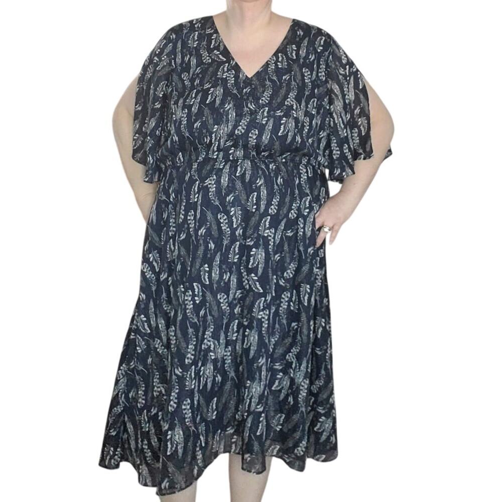 ELOQUII Size 20 Plus Navy Feather Print Midi Dress Dark Fairy Boho Feminine